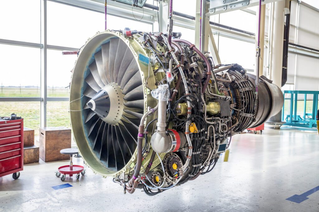 An airplane’s engine during maintenance.