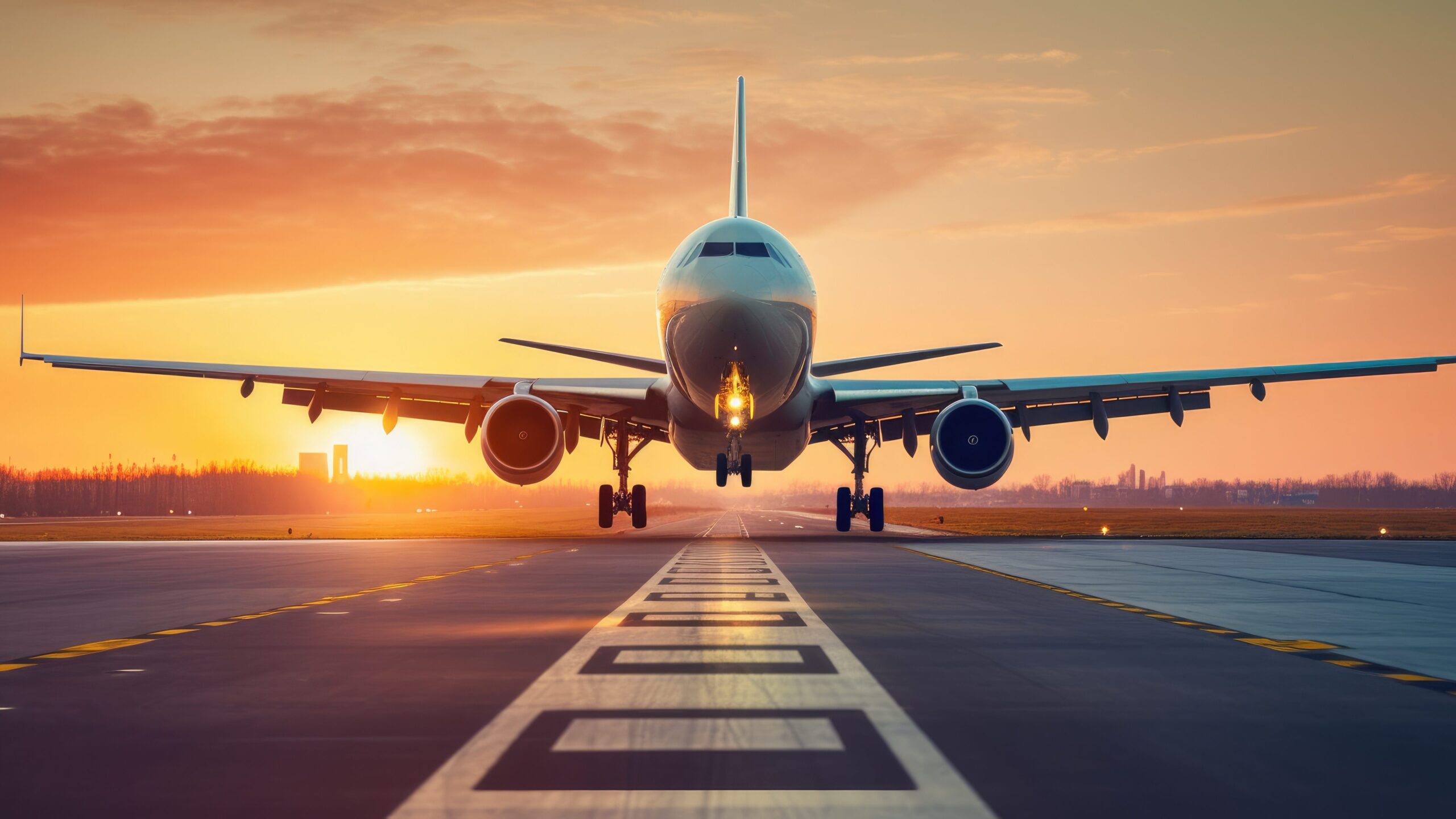 A commercial airplane on a runway at sunset.